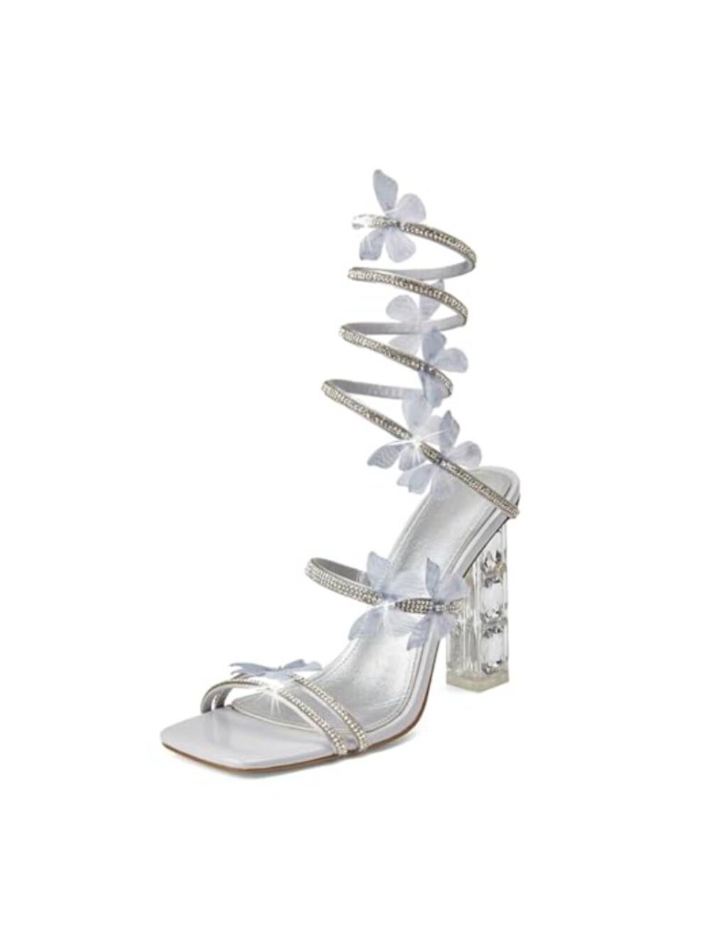 Rhinestone Butterfly Square Toe Strappy Heels Prom Sandals